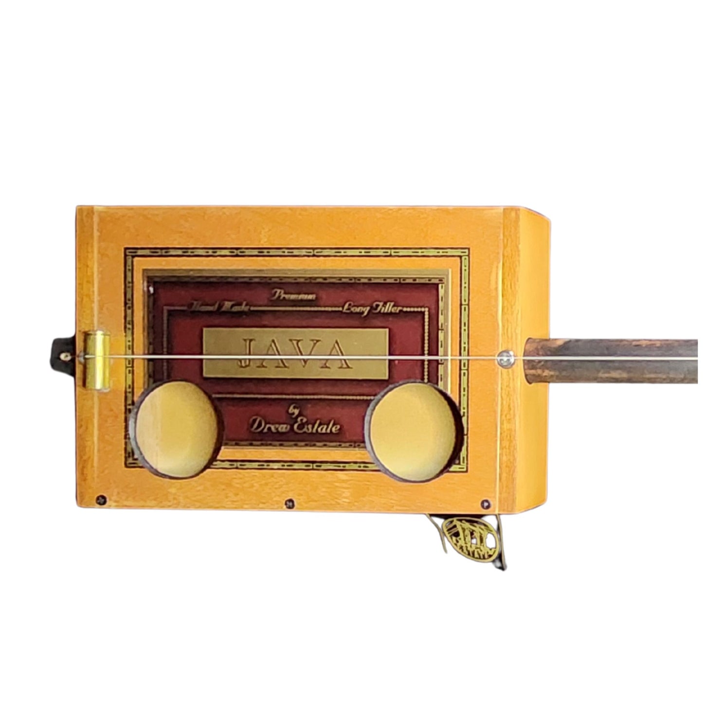 Single string cigar box banjo featuring custom sound holes and .44 magnum bridges.