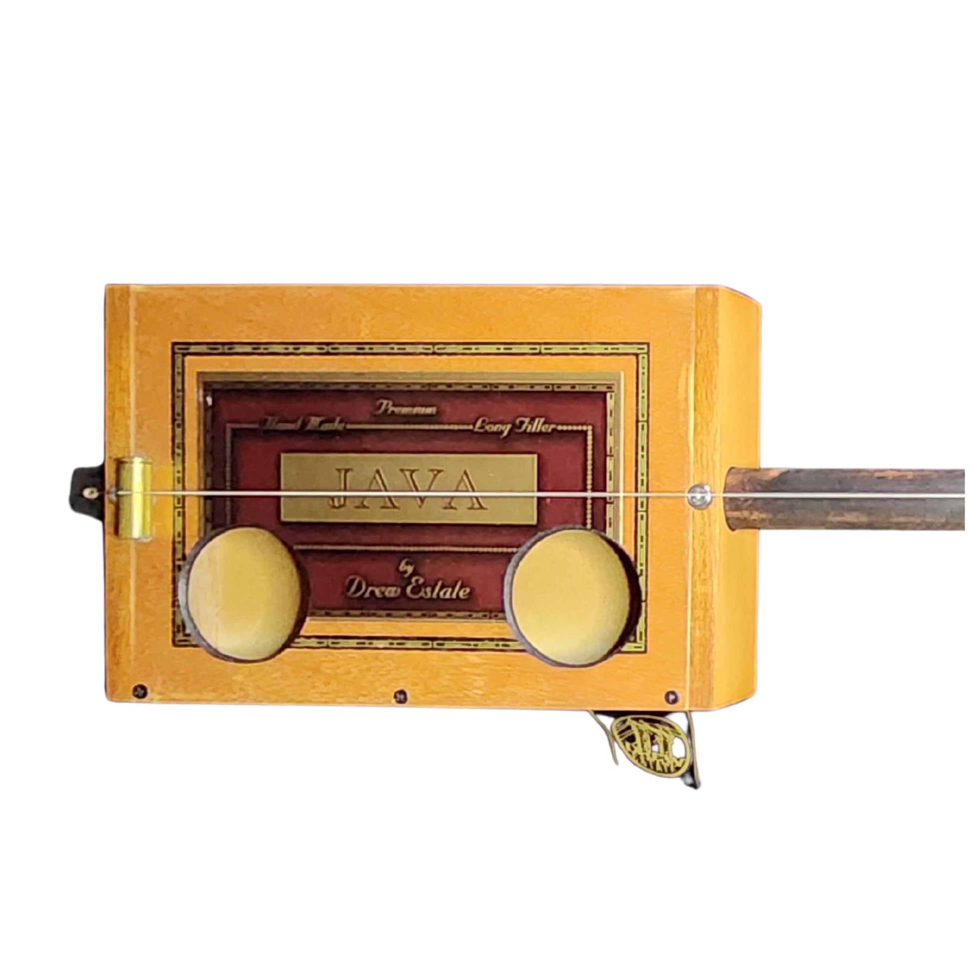 Single string cigar box banjo featuring custom sound holes and .44 magnum bridges.