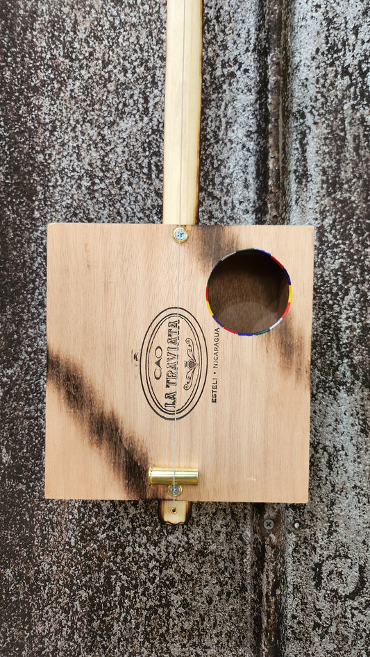 "Hard Splash" Premier Acoustic Cigar Box Bullet Banjo